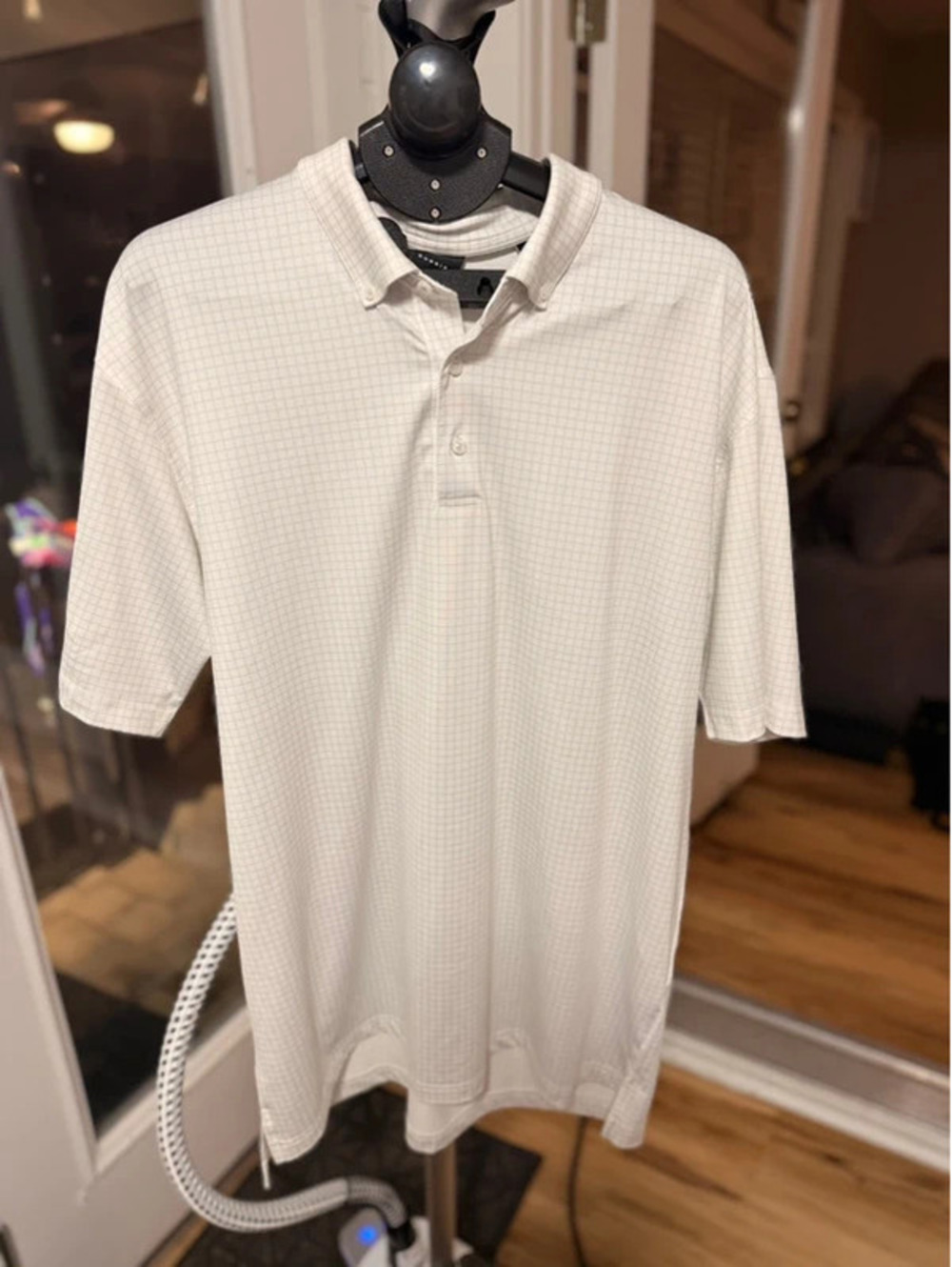Dunning Men’s XXL Golf Polo White Gray Check Performance Button Down Collar